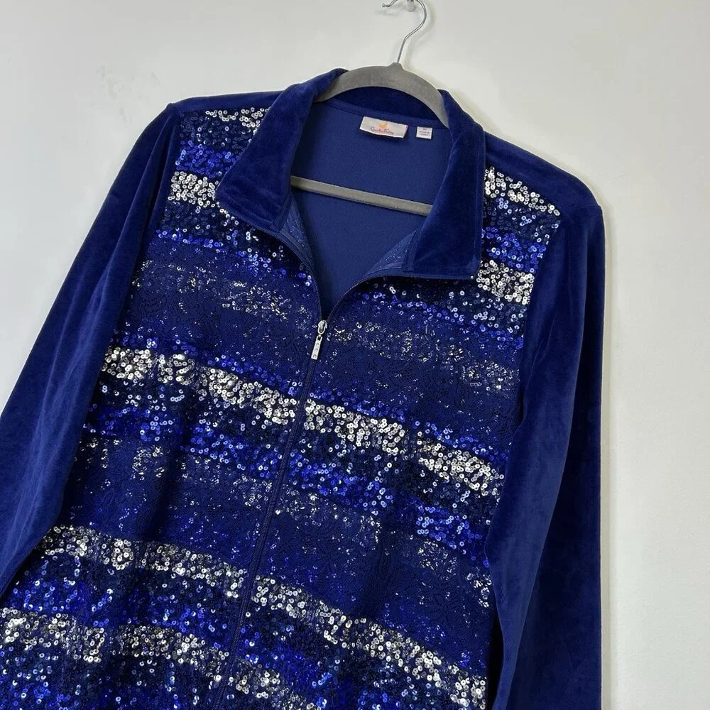 Quacker Factory Velour Zip Jacket Women’s Size 3X‎ Blue Sequin